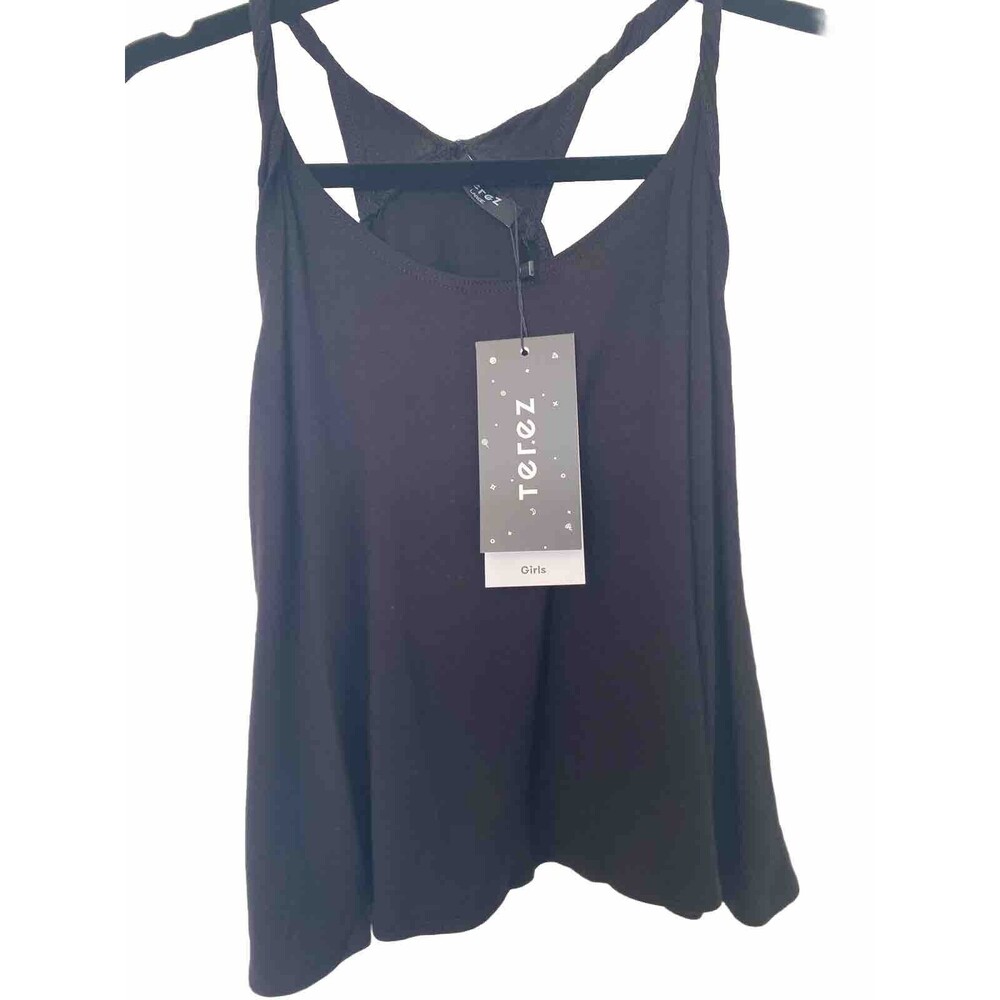TEREZ Girl's Black Twisted Straps Racer Back Jersey Tank Shirt NWT Size Large‎